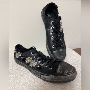 Naughty Monkey Womens Size 9 Black Sneaker Distressed Beaded Sequin Lace Up Flat